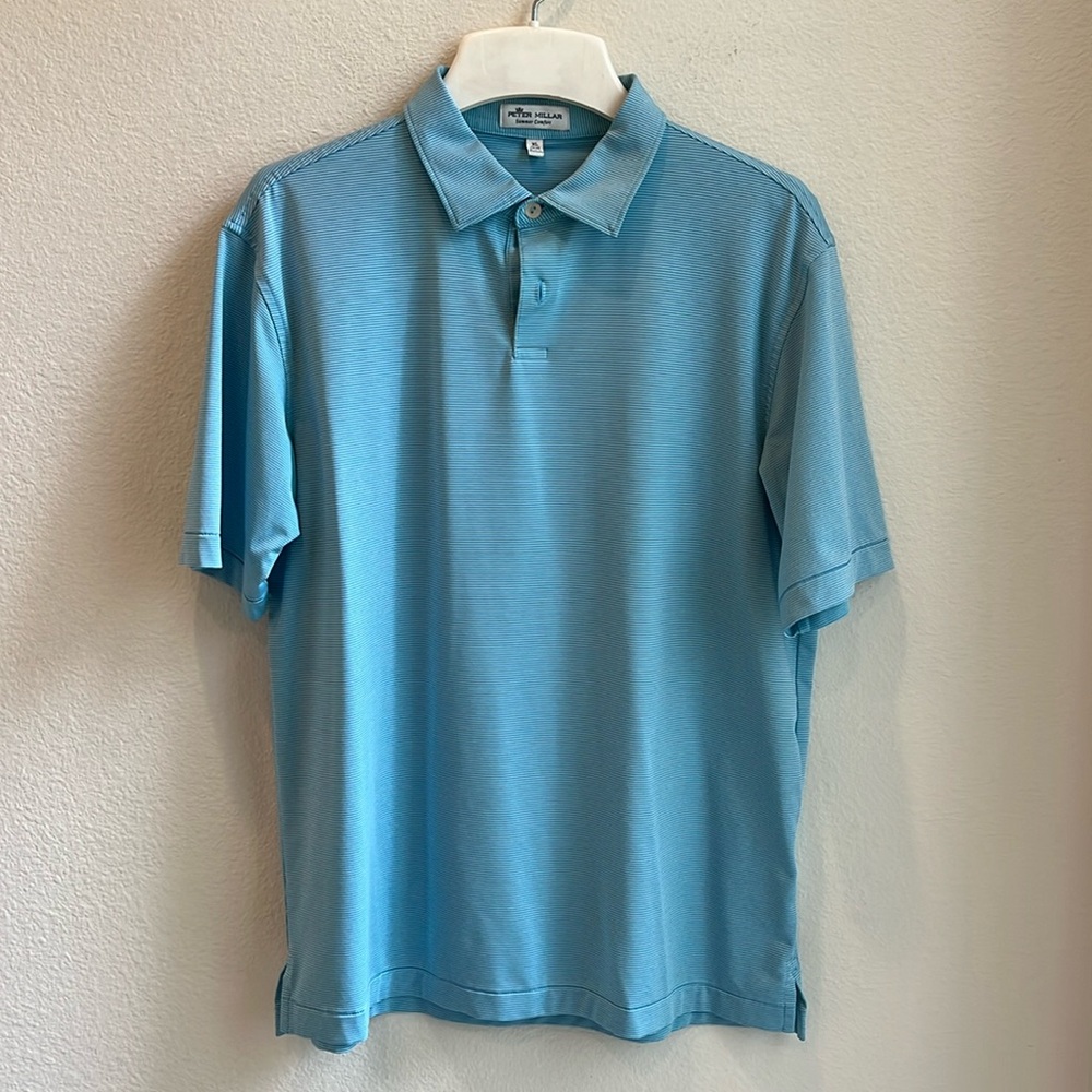 Peter Milar golf polo. Size youth XL. Turquoise blue stripe Great condition!